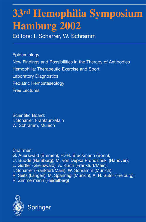 Book cover of 33rd Hemophilia Symposium: Hamburg 2002 (2004)