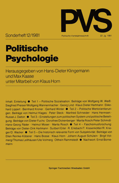 Book cover of Politische Psychologie (1981) (Politische Vierteljahresschrift Sonderhefte #12)