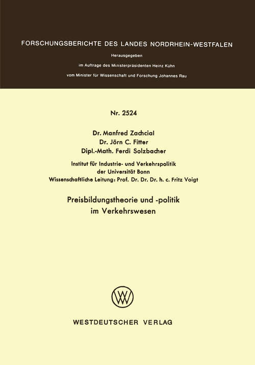 Book cover of Preisbildungstheorie und -politik im Verkehrswesen (1975) (Forschungsberichte des Landes Nordrhein-Westfalen)