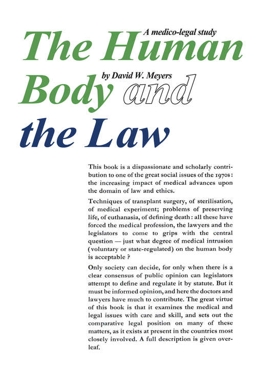 Book cover of Human Body and the Law: A Medico-legal Study (2) (Edinburgh Law And Society Ser.)