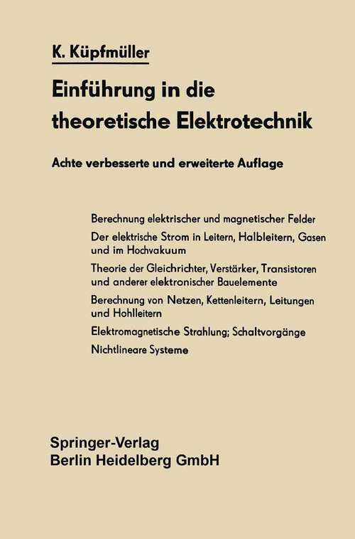 Book cover of Einführung in die theoretische Elektrotechnik (8. Aufl. 1965)