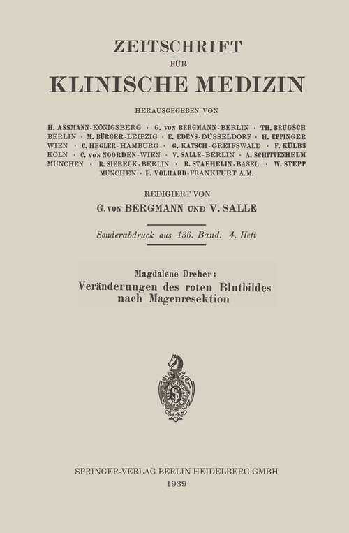 Book cover of Veränderungen des roten Blutbildes nach Magenresektion (1939)