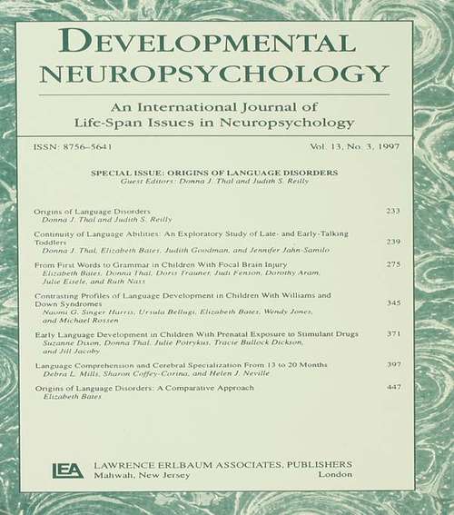 Book cover of Origins of Language Disorders: A Special Issue of developmental Neuropsychology