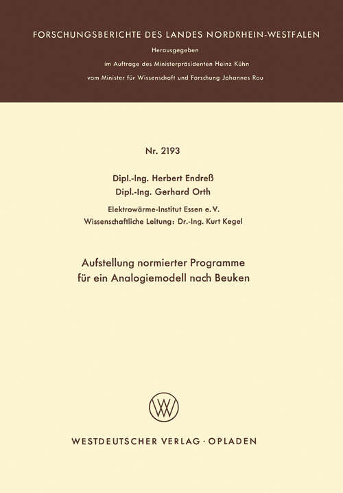 Book cover of Aufstellung normierter Programme für ein Analogiemodell nach Beuken (1971) (Forschungsberichte des Landes Nordrhein-Westfalen)