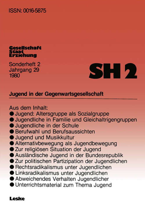 Book cover of Jugend in der Gegenwartsgesellschaft (1980) (Gegenwartskunde - Sonderheft #2)