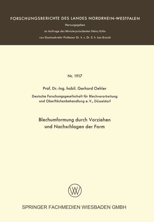 Book cover of Blechumformung durch Vorziehen und Nachschlagen der Form (1968) (Forschungsberichte des Landes Nordrhein-Westfalen #1917)