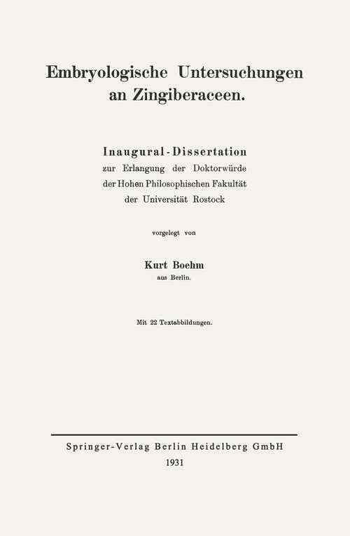 Book cover of Embryologische Untersuchungen an Zingiberaceen: Inaugural — Dissertation (1931)