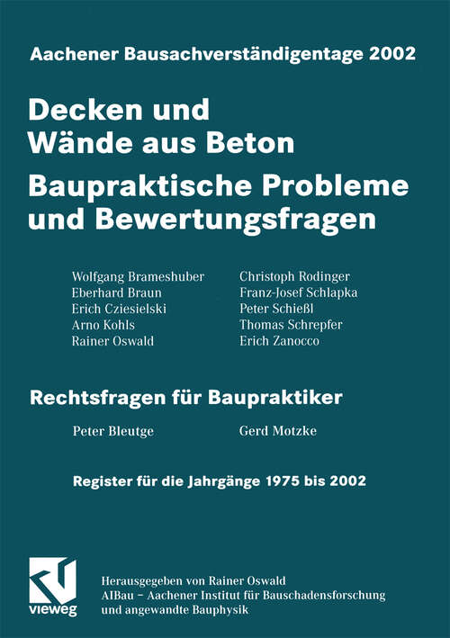 Book cover of Aachener Bausachverständigentage 2002: Decken und Wände aus Beton - Baupraktische Probleme und Bewertungsfragen (2002)
