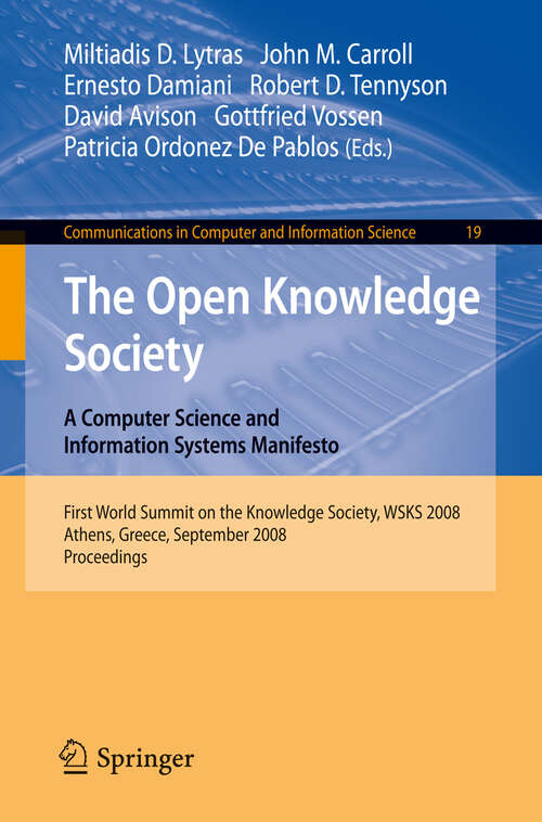 Book cover of The Open Knowledge Society: A Computer Science and Information Systems Manifesto (2008) (Communications in Computer and Information Science #19)