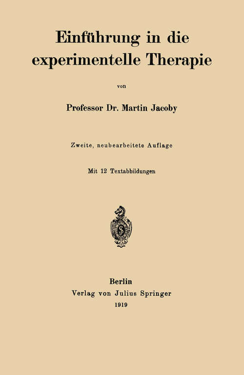 Book cover of Einführung in die experimentelle Therapie (2. Aufl. 1919)