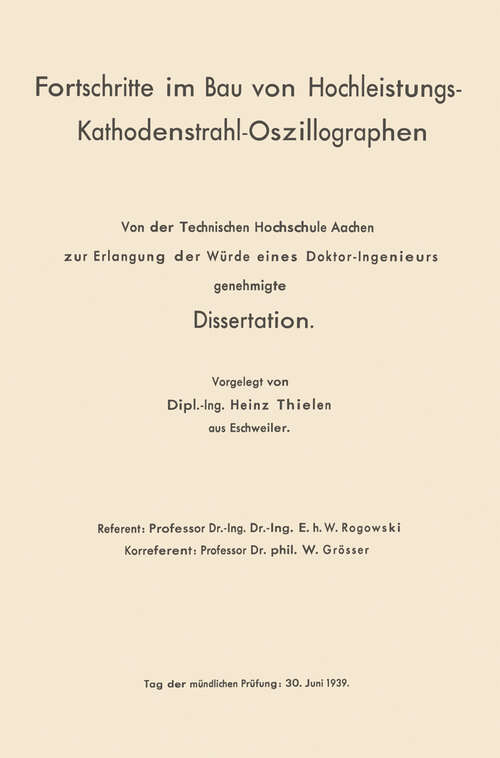 Book cover of Fortschritte im Bau von Hochleistungs-Kathodenstrahl-Oszillographen (1939)