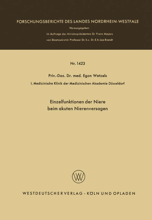 Book cover of Einzelfunktionen der Niere beim akuten Nierenversagen (1964) (Forschungsberichte des Landes Nordrhein-Westfalen #1423)