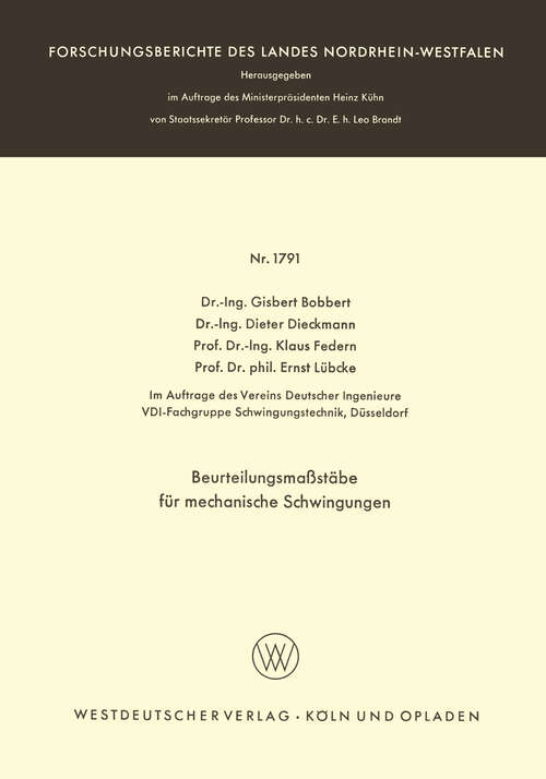 Book cover of Beurteilungsmaßstäbe für mechanische Schwingungen (1967) (Forschungsberichte des Landes Nordrhein-Westfalen #1791)