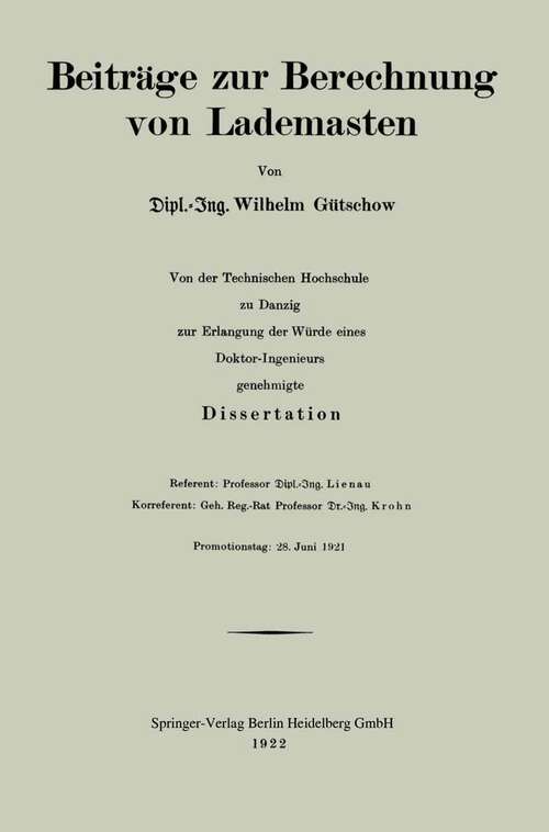 Book cover of Beiträge zur Berechnung von Lademasten (1922)