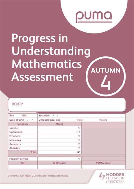Book cover of Progress in Understanding Mathematics Assessment, PUMA Test 4, Autumn PK10 (PDF)