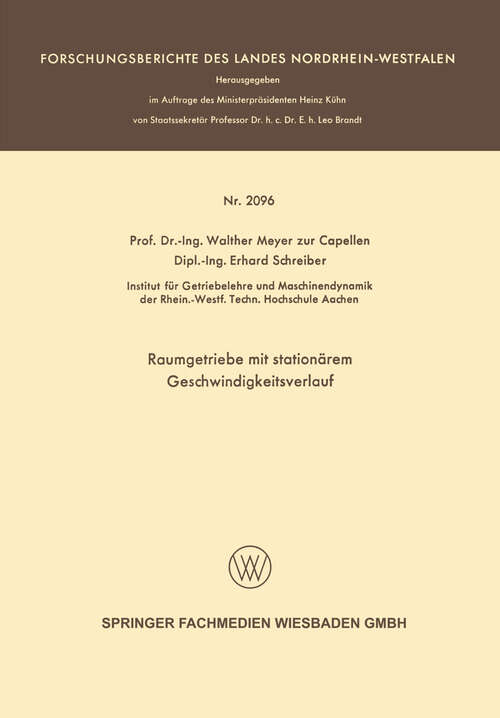 Book cover of Raumgetriebe mit stationärem Geschwindigkeitsverlauf (1970) (Forschungsberichte des Landes Nordrhein-Westfalen)