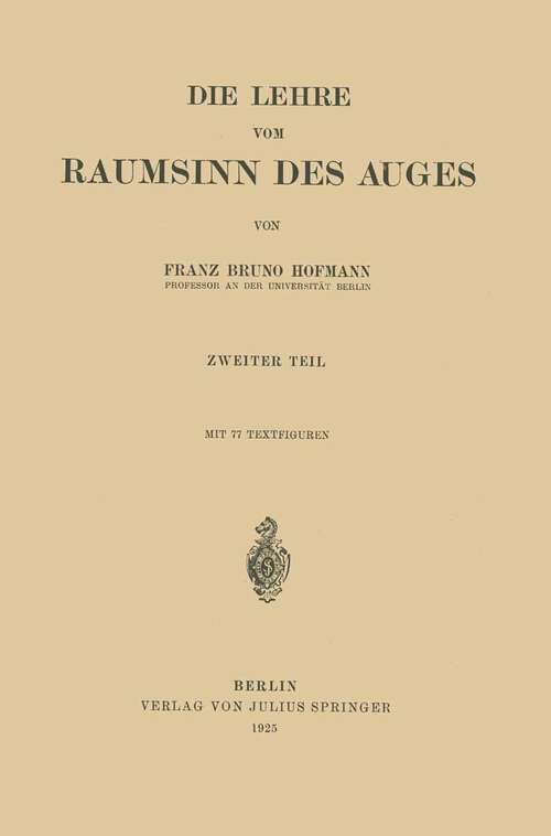 Book cover of Die Lehre vom Raumsinn des Auges (1925)