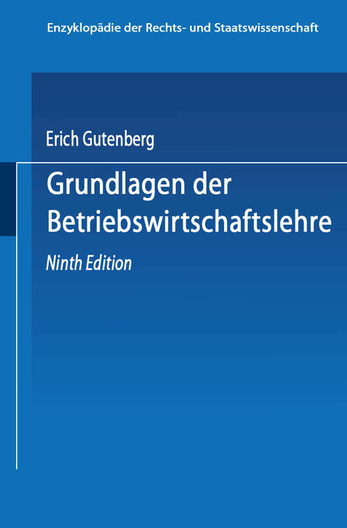 Book cover of Grundlagen der Betriebswirtschaftslehre (9. Aufl. 1966) (Enzyklopädie der Rechts- und Staatswissenschaft #2)