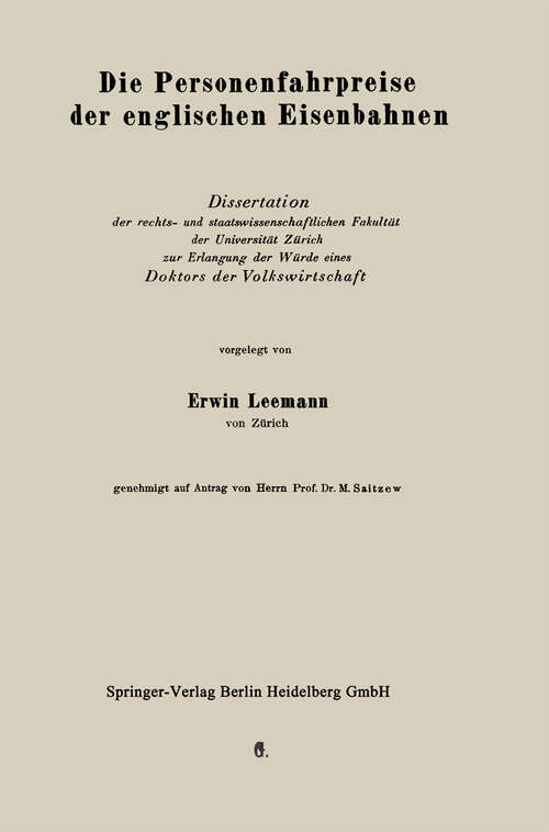 Book cover of Die Personenfahrpreise der englischen Eisenbahnen (1930)