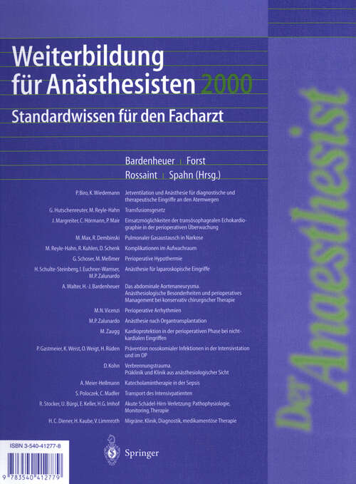 Book cover of Weiterbildung für Anästhesisten 2000: Standardwissen für den Facharzt (2001)