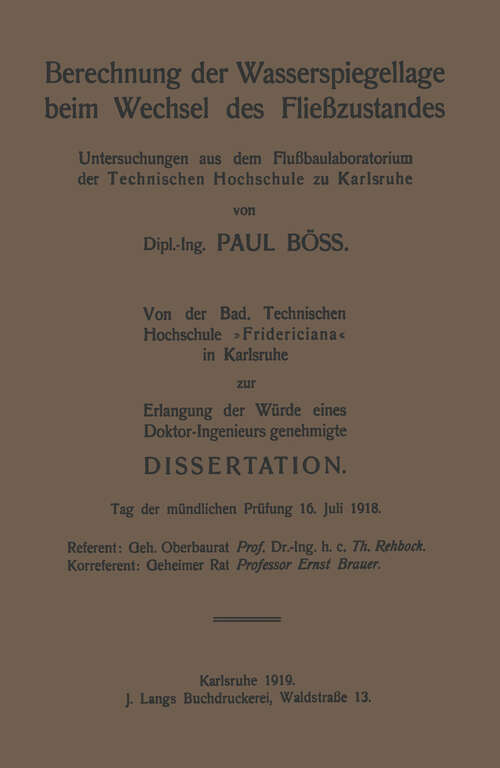 Book cover of Berechnung der Wasserspiegellage beim Wechsel des Fließzustandes (1919)