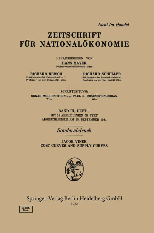 Book cover of Cost Curves and Supply Curves (1932) (Journal of Economics   Zeitschrift für Nationalökonomie Supplementum)