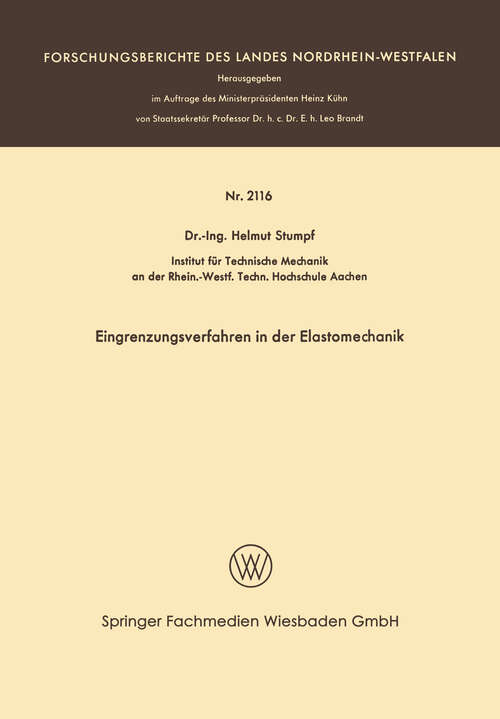 Book cover of Eingrenzungsverfahren in der Elastomechanik (1970) (Forschungsberichte des Landes Nordrhein-Westfalen)