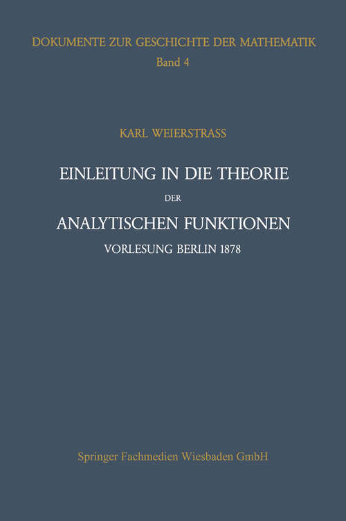 Book cover of Einleitung in die Theorie der analytischen Funktionen (1988) (Die Wissenschaft)