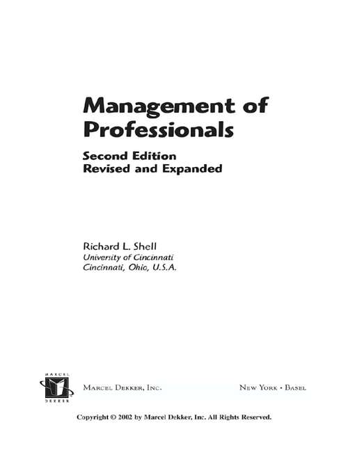 Book cover of Management Of Professionals, Revised And Expanded (2)