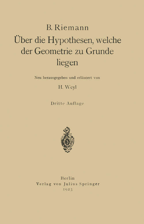 Book cover of Über die Hypothesen, welche der Geometrie zu Grunde liegen (3. Aufl. 1923)