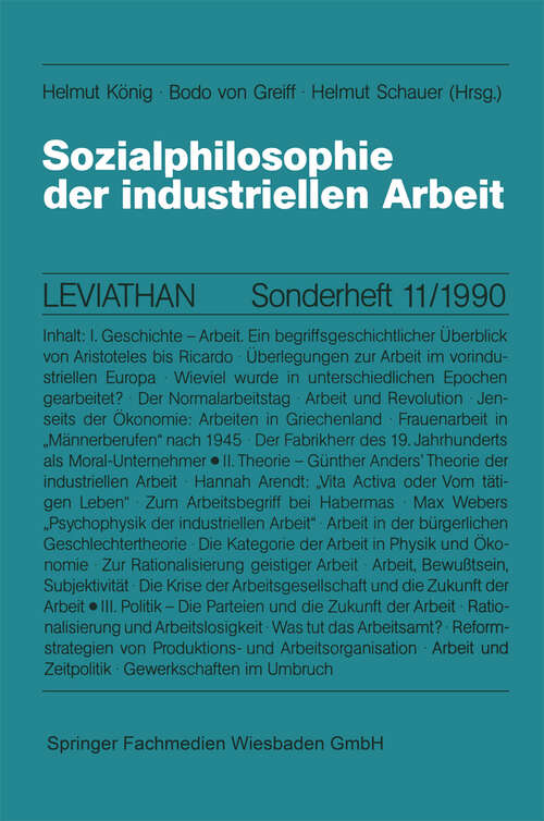 Book cover of Sozialphilosophie der industriellen Arbeit (1990) (Leviathan Sonderhefte #11)