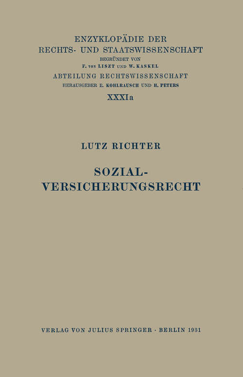 Book cover of Sozialversicherungsrecht (1931) (Enzyklopädie der Rechts- und Staatswissenschaft: 31a)