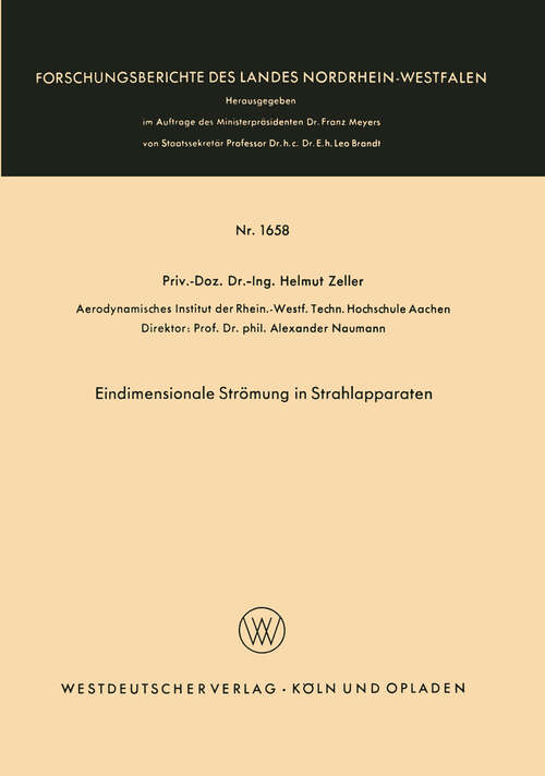 Book cover of Eindimensionale Strömung in Strahlapparaten (1966) (Forschungsberichte des Landes Nordrhein-Westfalen #1658)