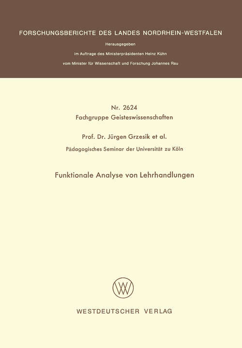 Book cover of Funktionale Analyse von Lehrhandlungen (1977) (Forschungsberichte des Landes Nordrhein-Westfalen #2624)