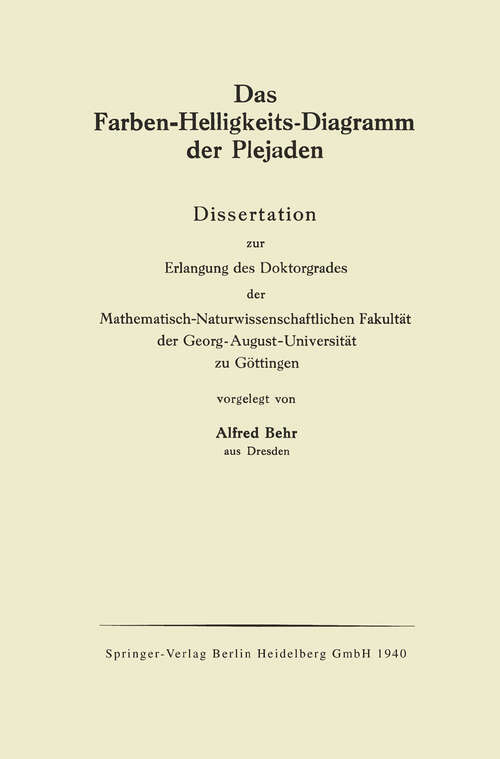 Book cover of Das Farben-Helligkeits-Diagramm der Plejaden: Dissertation (1940)